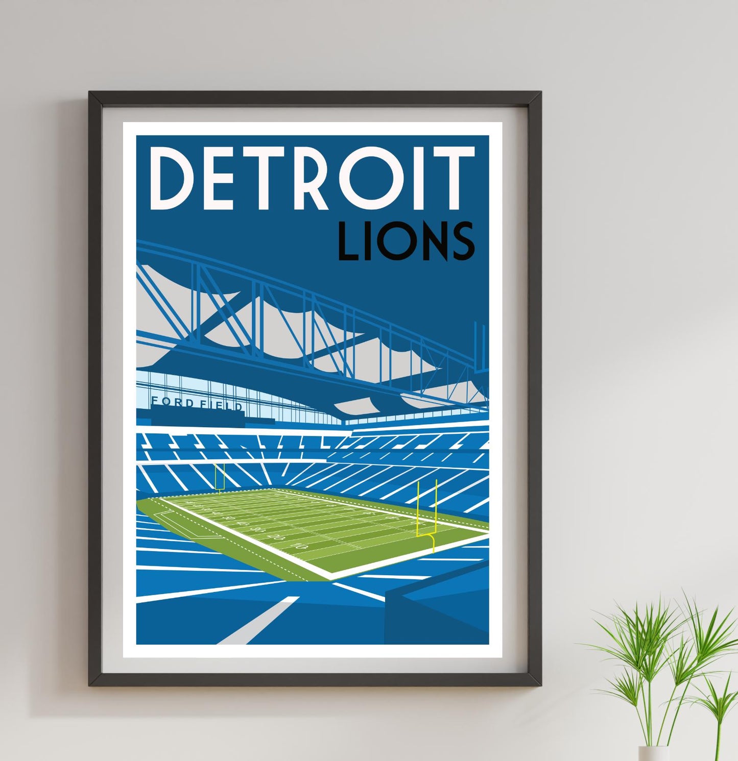 a framed poster of a stadium with a green tennis court