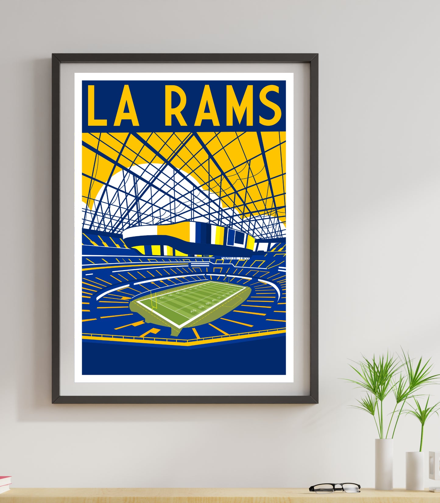 a framed poster of a stadium with a tennis court