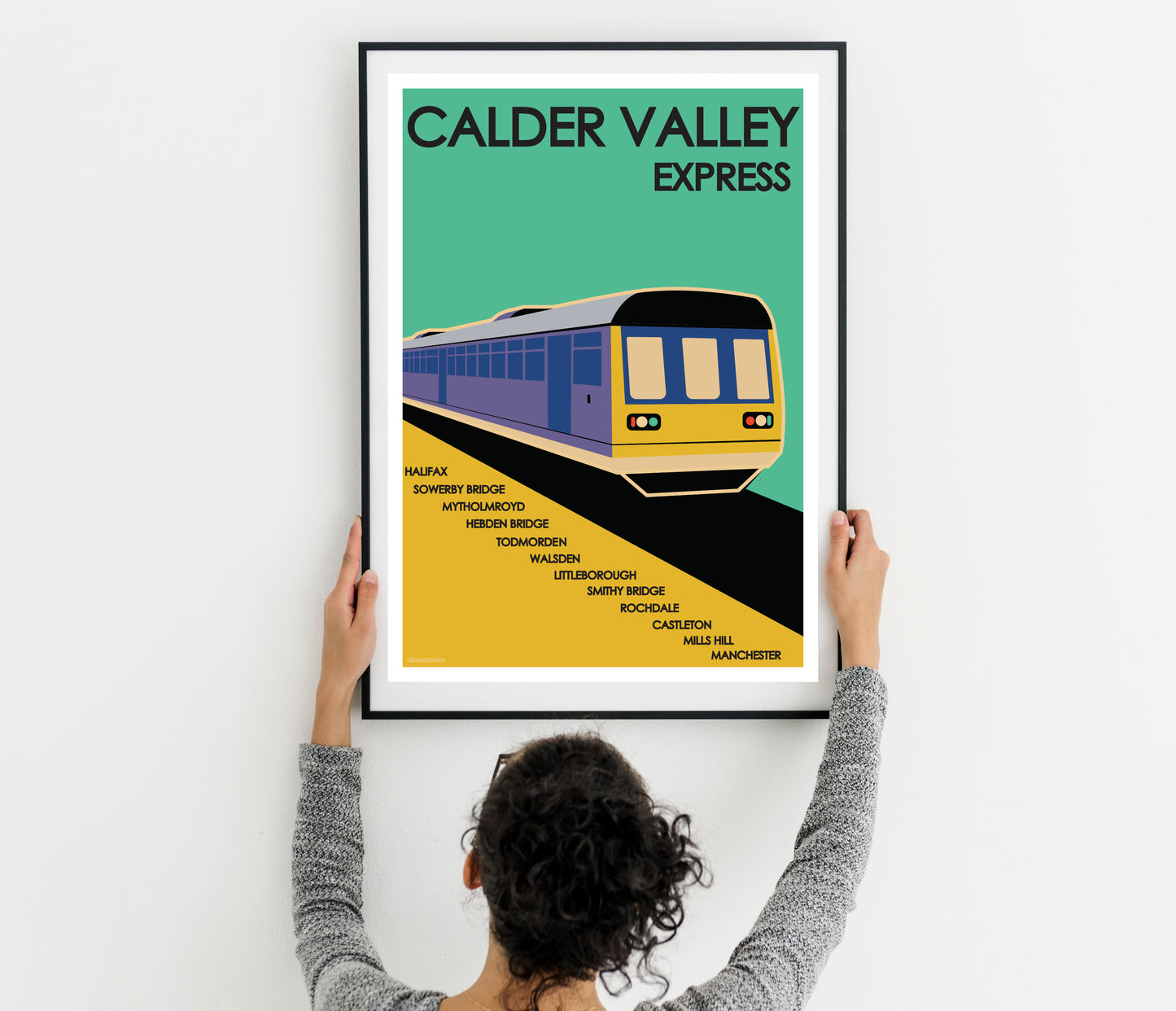 a poster of a train on a white wall Calder Valley Express (Halifax) Yorkshire - Vintage Retro Travel Art Poster Print retro style