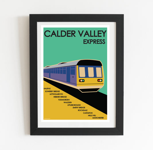 a poster of a train on a white wall Calder Valley Express (Halifax) Yorkshire - Vintage Retro Travel Art Poster Print