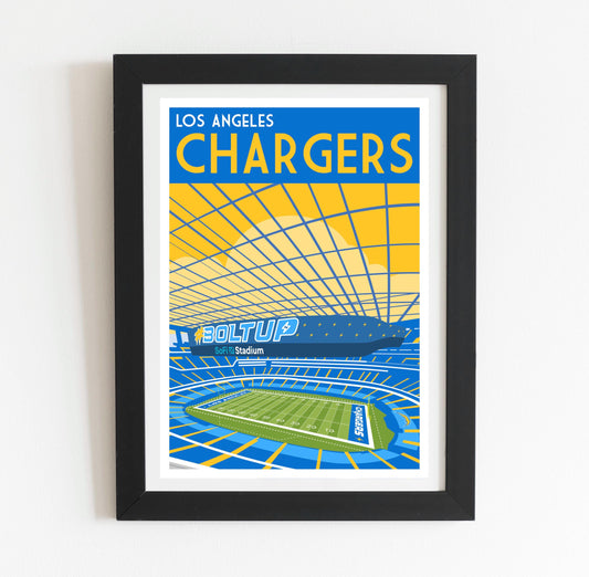 a framed poster of a stadium with the los angeles chargers on it