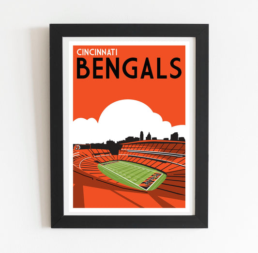a framed poster of a stadium with the words bengals on it