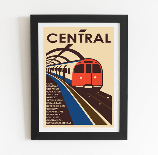 London underground tube poster with a train traveling down train tracks