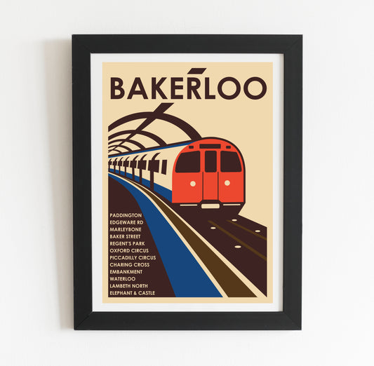 London Underground Bakerloo line poster of a train on a train track