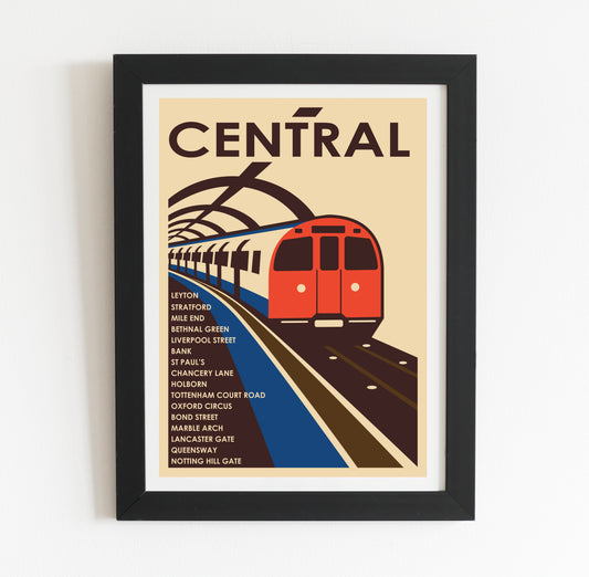 Retro-style Central Line central section poster design, a picture of a train on a train track