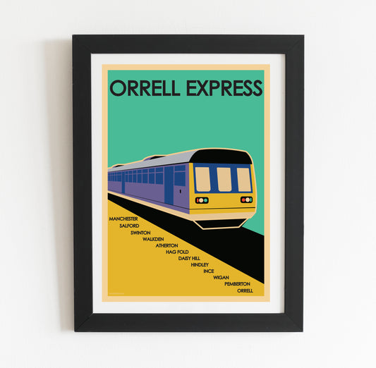 Orrell Express, Wigan: Retro Style Travel Art Print Poster, a picture of a train on a wall