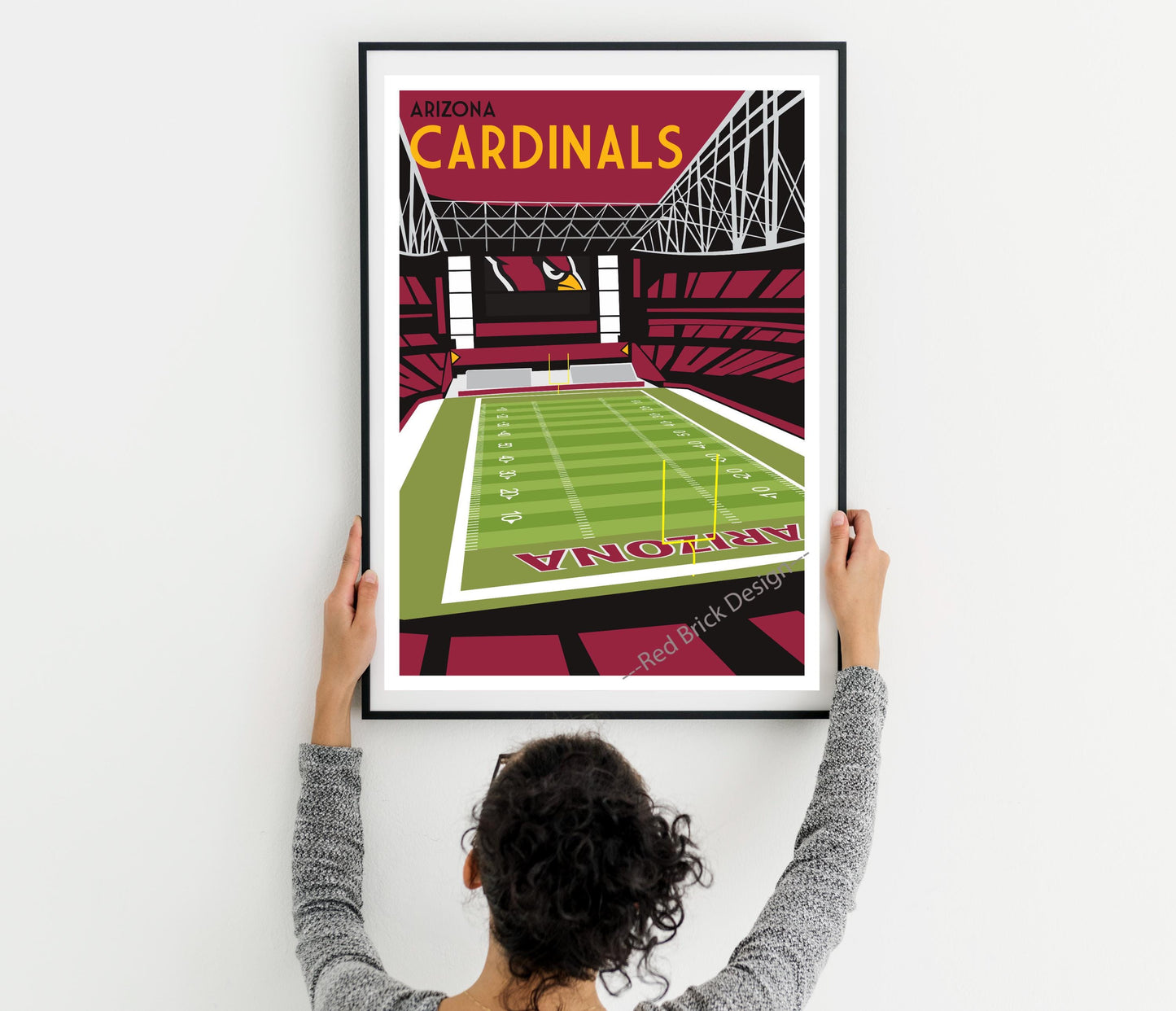 a woman holding up a poster of a tennis court