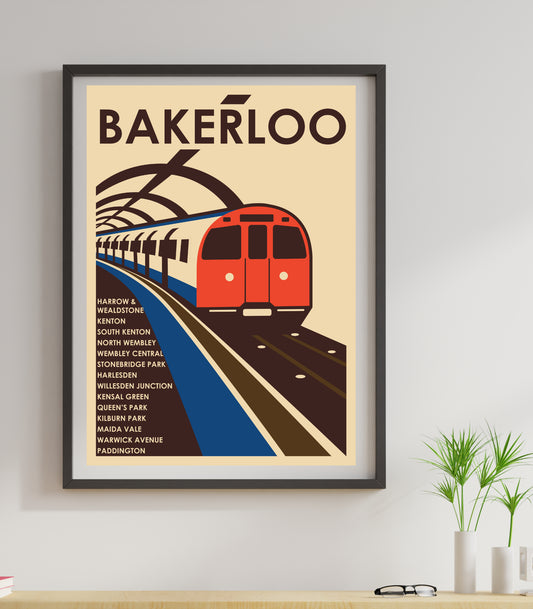 London underground a framed poster of a train on the tracks