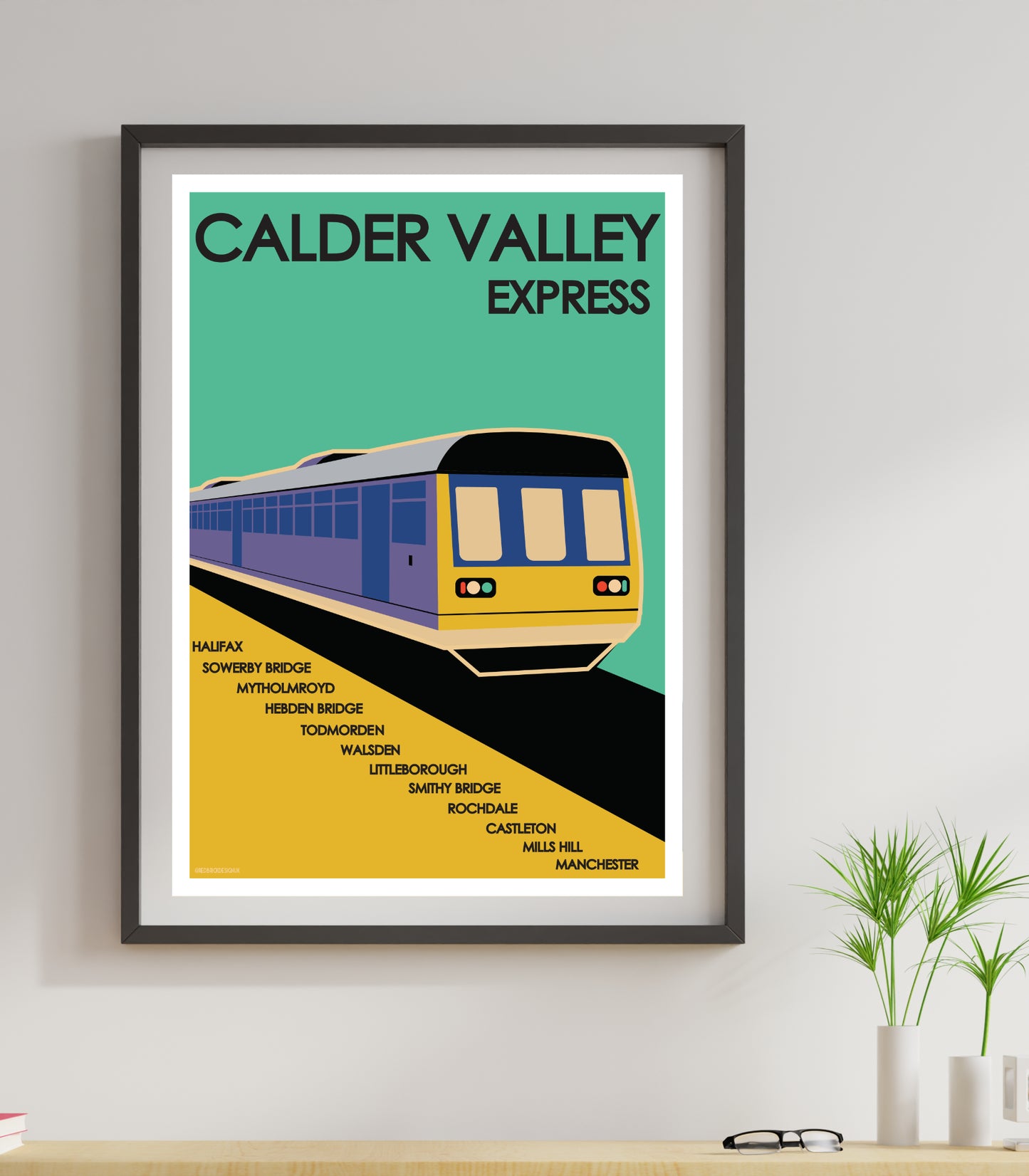 a poster of a train on a wall vintage railway travel poster style UK