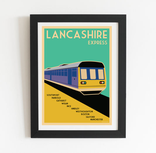 a picture of a train on a wall Lancashire Express - Vintage Travel Poster Print | Retro Pacer Train