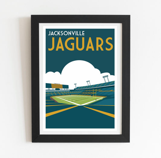 a framed poster of a stadium with a football field