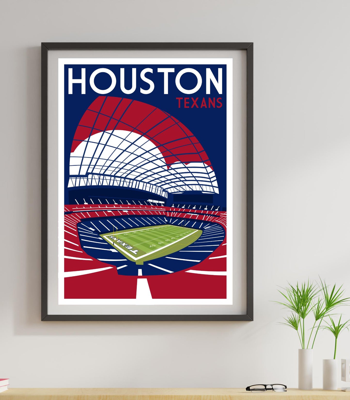 a framed poster of a stadium with a tennis court