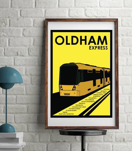 Vintage travel art print poster of Oldham Express, Manchester Metro
