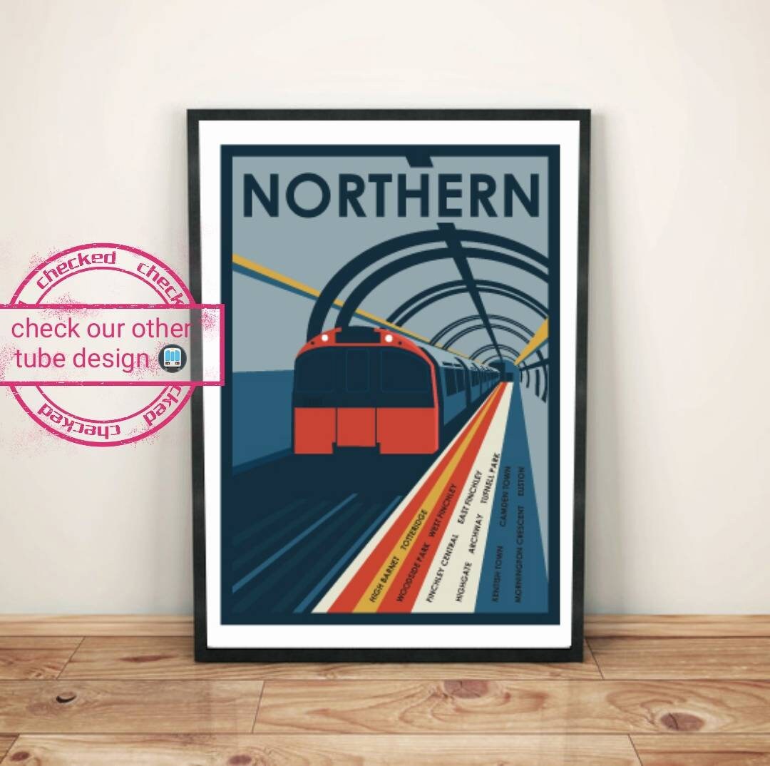Retro Travel Decor Print, Northern Line (North - Edgware) London Underground Tube vintage style art print poster