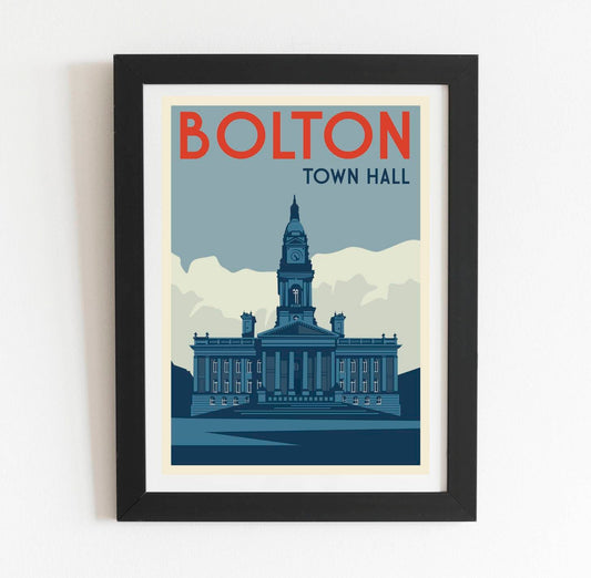 Retro art print poster of Bolton Town Hall