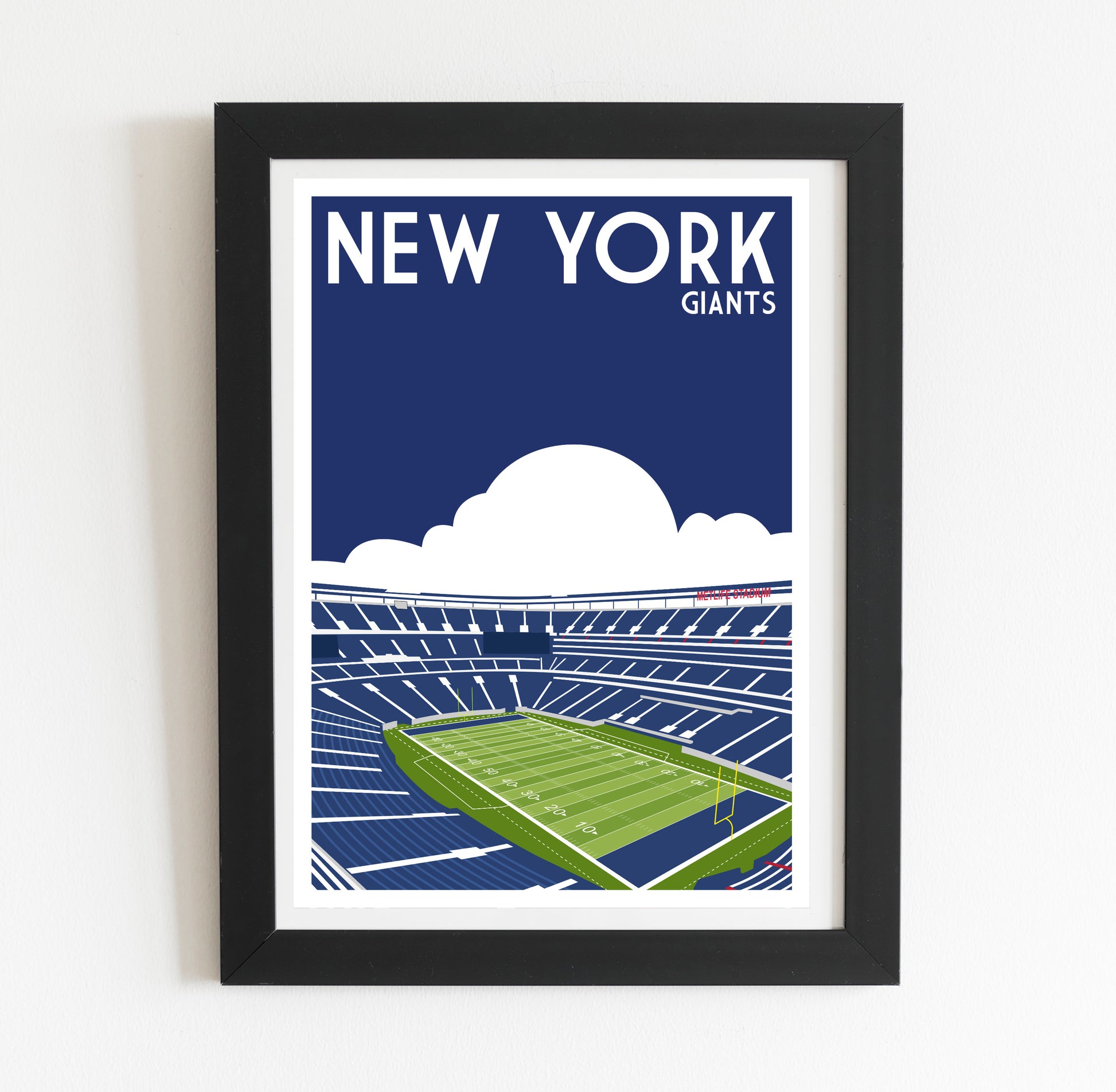 A framed illustration of a football stadium with the text "NEW YORK GIANTS" above it.