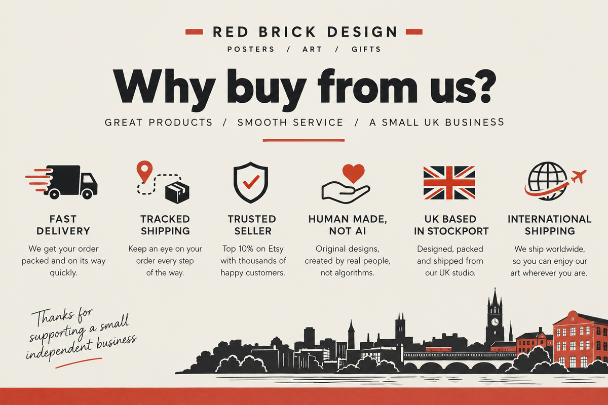 The image is an advertisement for Red Brick Design, a UK-based business that offers various shipping options, including fast delivery, tracked shipping, and international shipping.