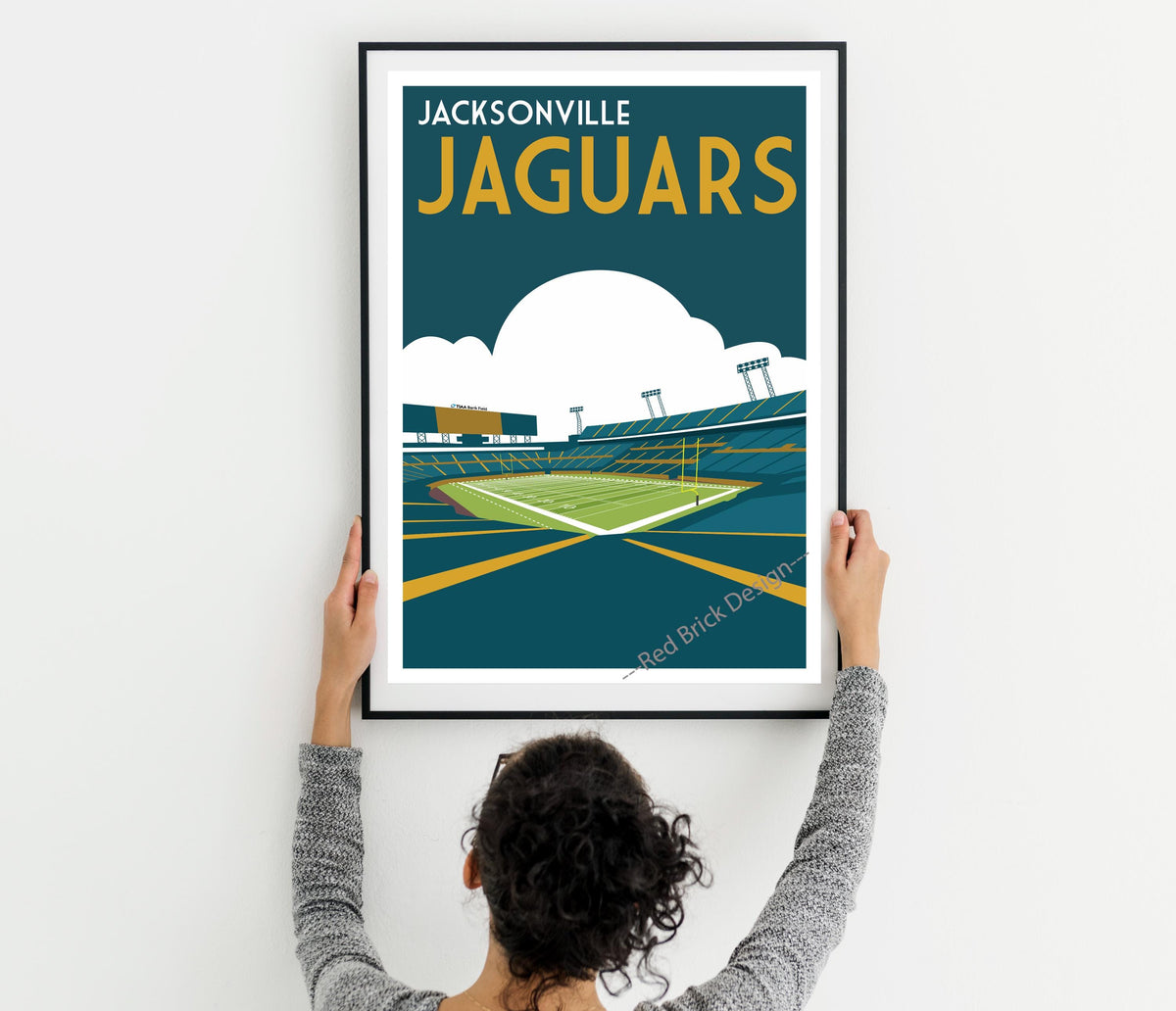a woman holding up a poster of a tennis court