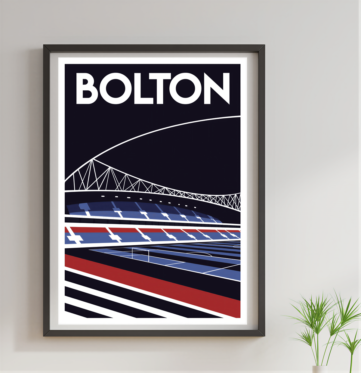 A framed poster of a stadium with a bridge in the background, featuring a stylized illustration of the stadium and the bridge.