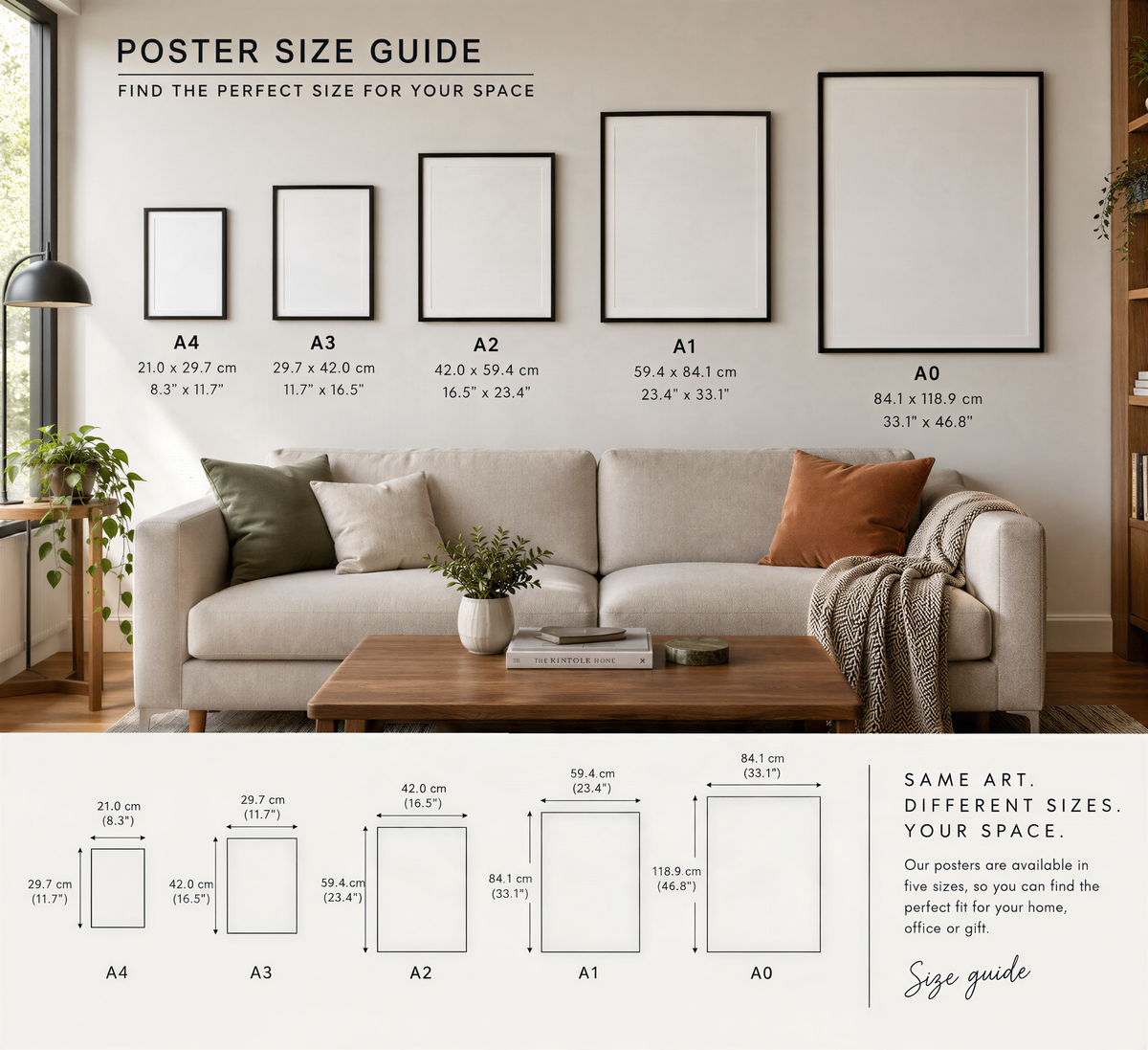 The image is a poster size guide that provides the dimensions of various poster sizes, ranging from A4 to A1, to help users find the perfect size for their space.