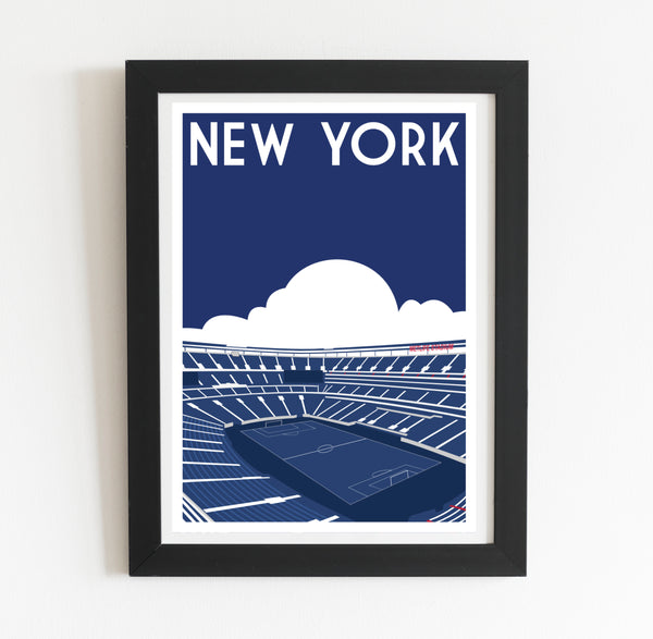 A framed illustration of a soccer stadium with the text "NEW YORK" prominently displayed above it.