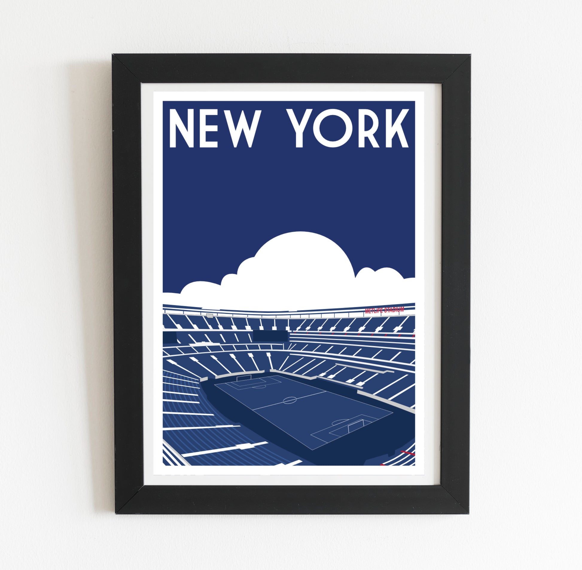 A framed illustration of a soccer stadium with the text "NEW YORK" prominently displayed above it.