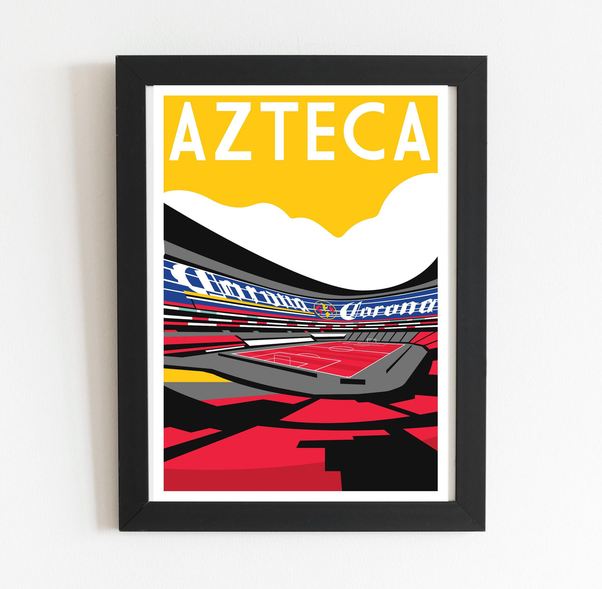 A framed poster depicting a colorful, stylized representation of a sports stadium, with the word "AZTECA" prominently displayed.