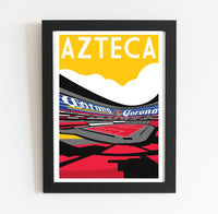 A framed poster depicting a colorful, stylized representation of a sports stadium, with the word "AZTECA" prominently displayed.