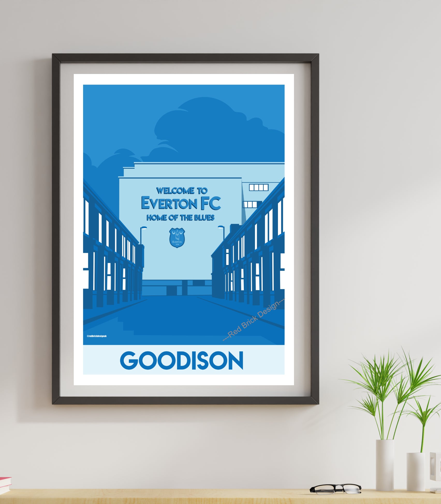 a framed poster of Retro Vintage Goodison Park (Outside) Everton FC Print Poster artwork