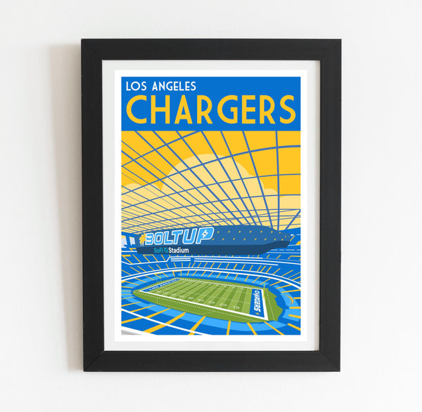 a framed poster of a stadium with the los angeles chargers on it
