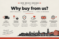 The image is an advertisement for Red Brick Design, a UK-based business that offers various shipping options, including fast delivery, tracked shipping, and international shipping.