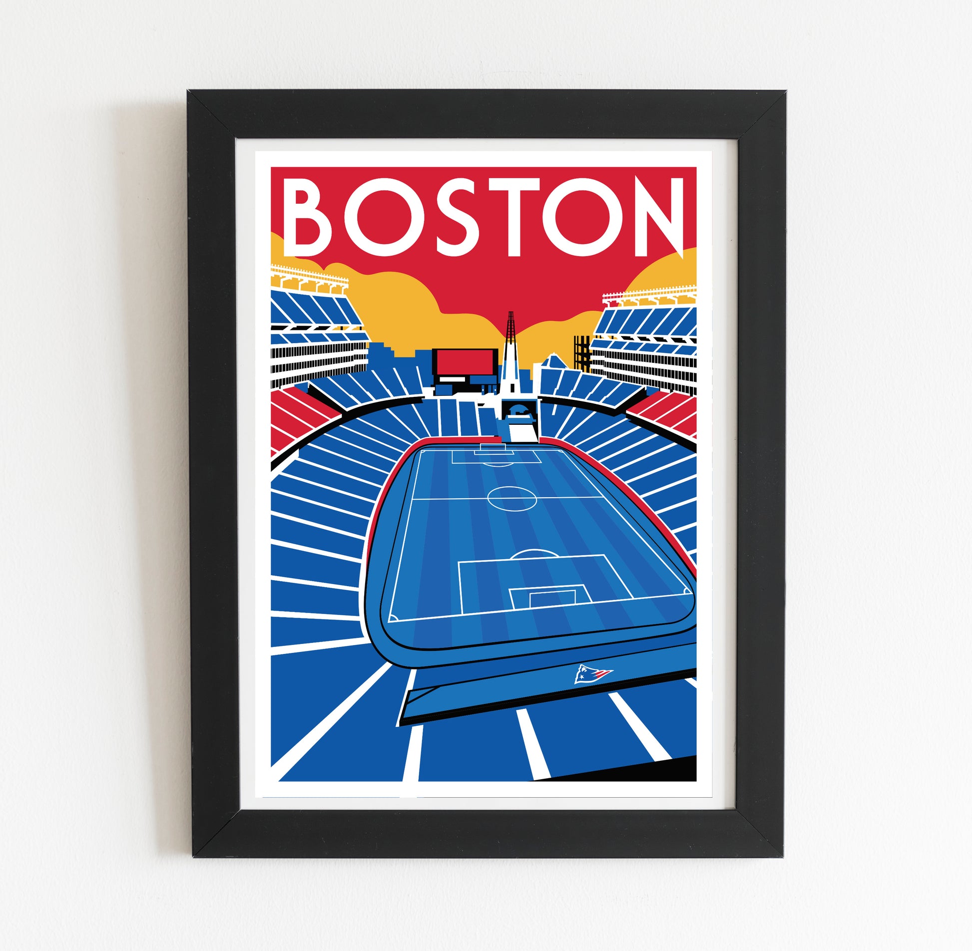 A framed poster depicting a soccer field with the word "BOSTON" written above it.