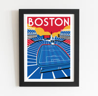 A framed poster depicting a soccer field with the word "BOSTON" written above it.