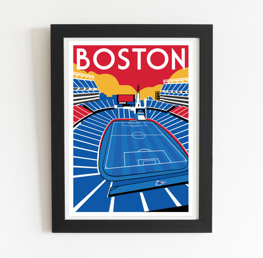 A framed poster depicting a soccer field with the word "BOSTON" written above it.