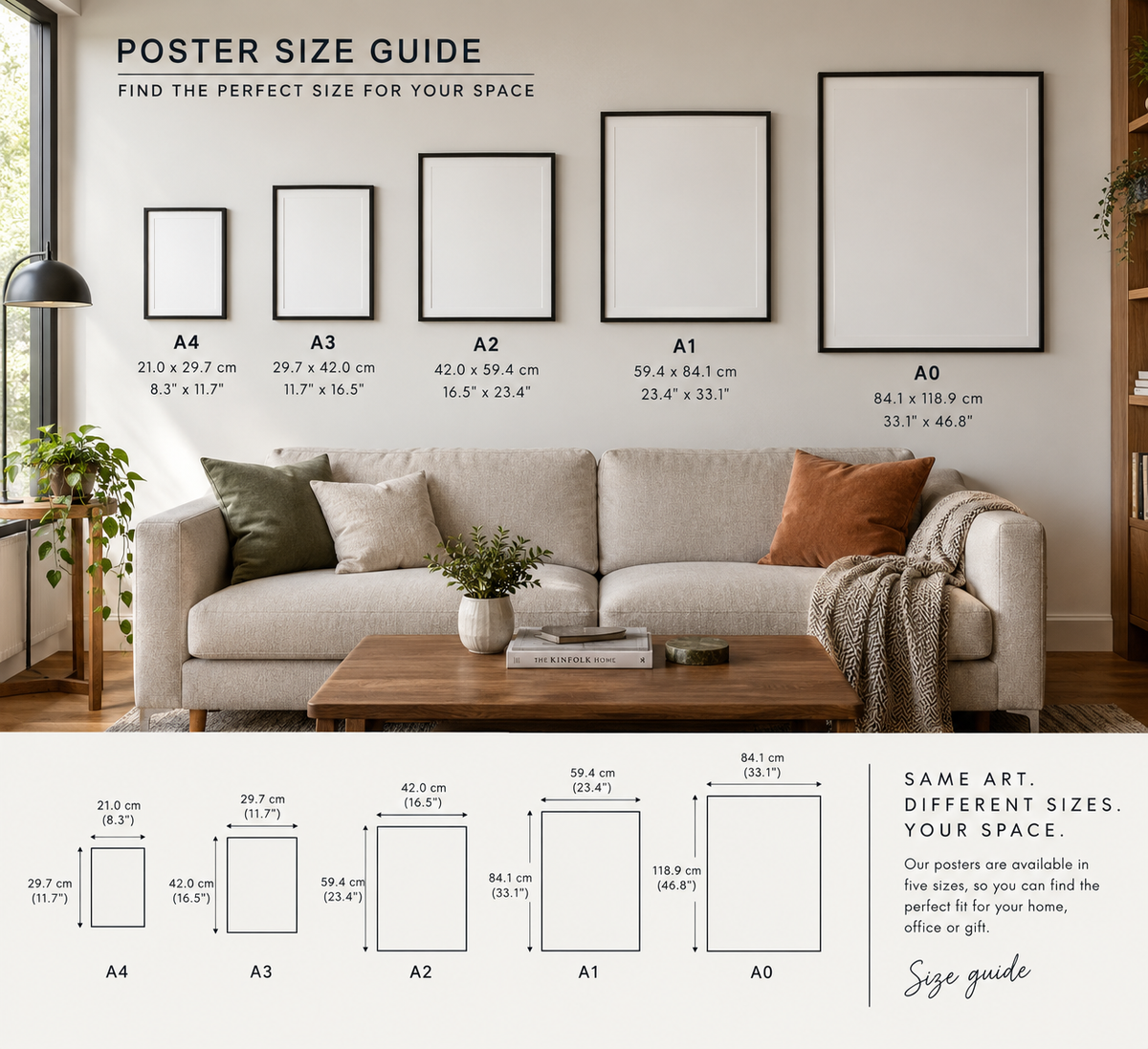 The image is a poster size guide that provides the dimensions of various poster sizes, ranging from A4 to A1, to help users find the perfect size for their space.