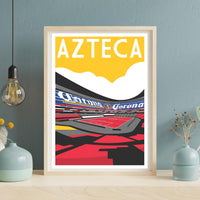 A framed poster depicting a stadium with a large "AZTECA" text in the center, surrounded by a colorful abstract design.