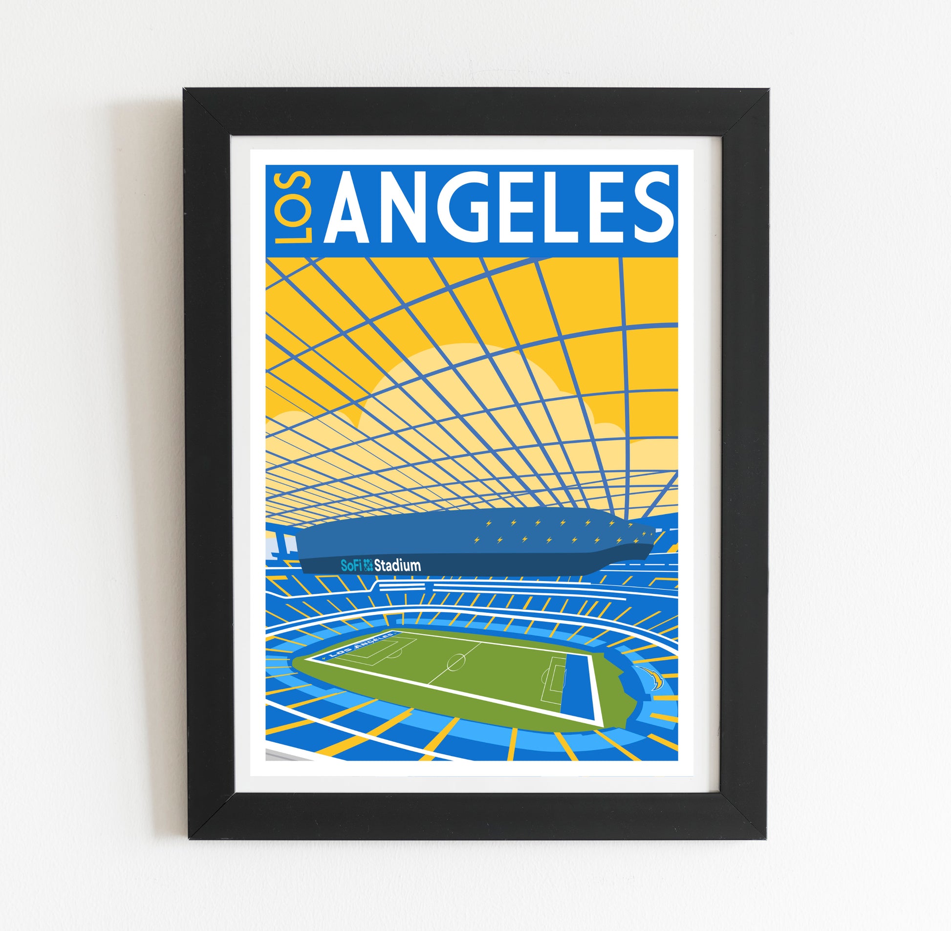 A framed poster depicting the Sofitel Stadium in Los Angeles, California.
