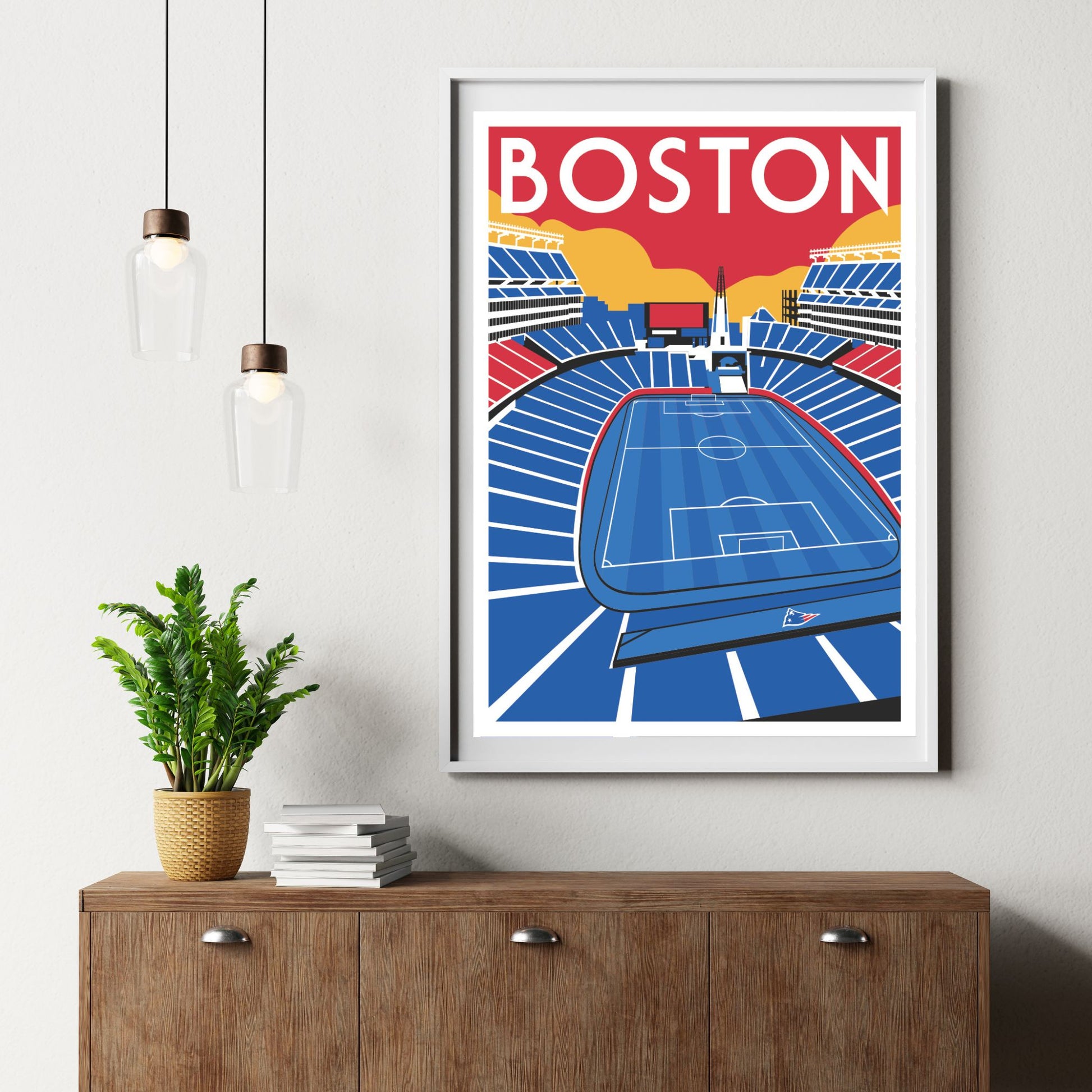 a framed poster of a soccer stadium with the word "BOSTON" prominently displayed.