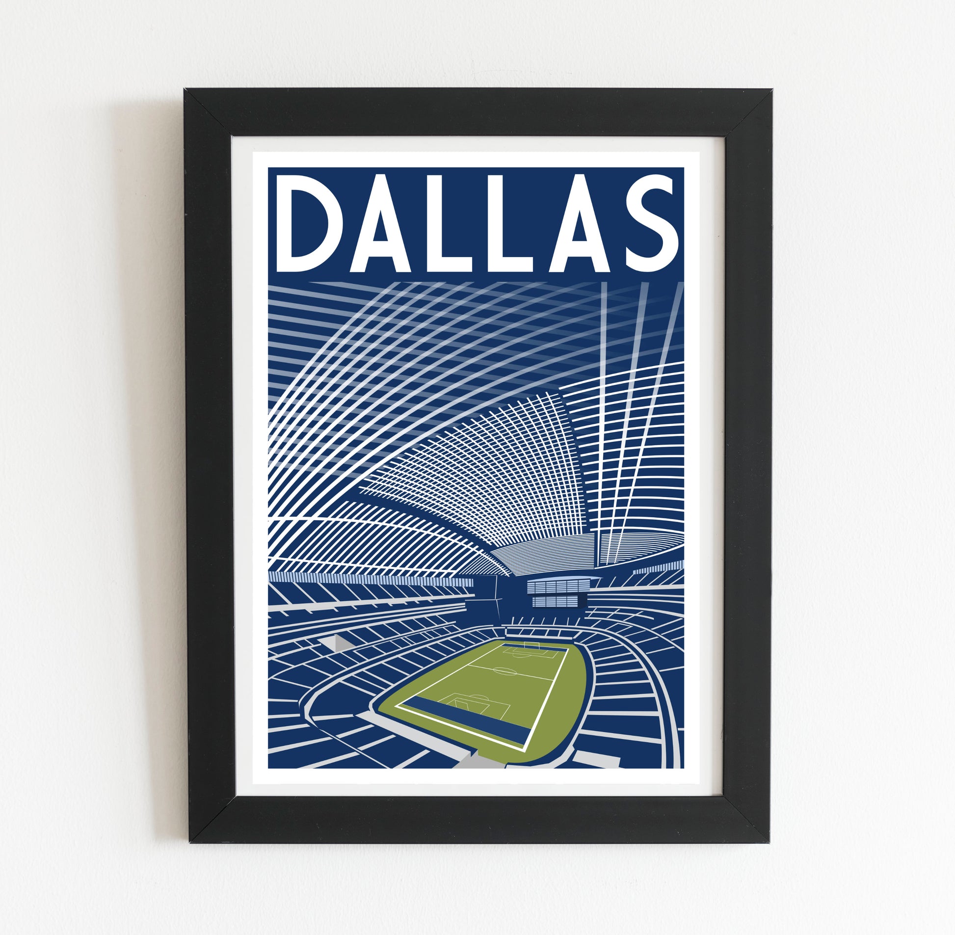 A framed poster depicting a large stadium with a tennis court in the foreground, set against a blue and white background with the word "DALLAS" prominently displayed.