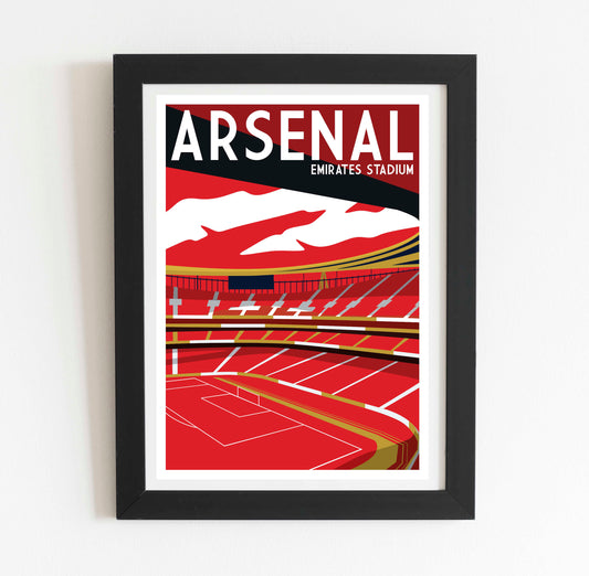 The image is a framed poster depicting the Emirates Stadium in Arsenal, England.