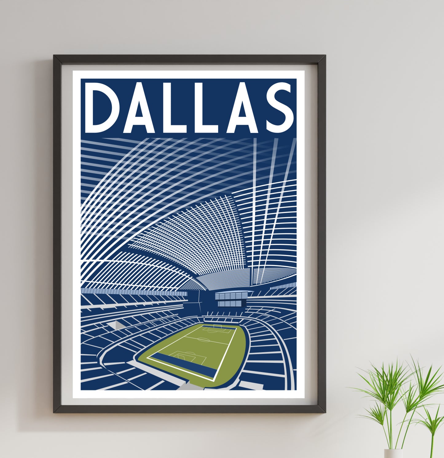 A framed poster depicting a tennis court with the word "DALLAS" prominently displayed above it.