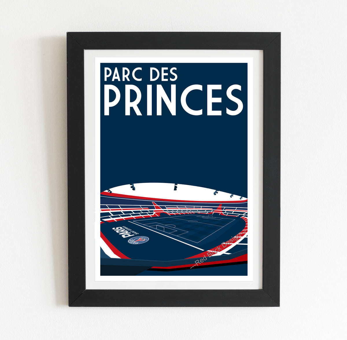 The image is a framed poster depicting a sports stadium, specifically the Paris Saint-Germain (PARC DES PRINCES) stadium.