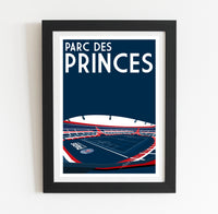 The image is a framed poster depicting a sports stadium, specifically the Paris Saint-Germain (PARC DES PRINCES) stadium.