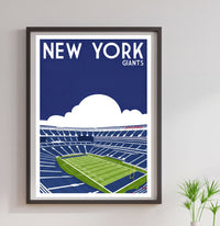 A framed poster depicting a football stadium with the text "NEW YORK GIANTS" above it.