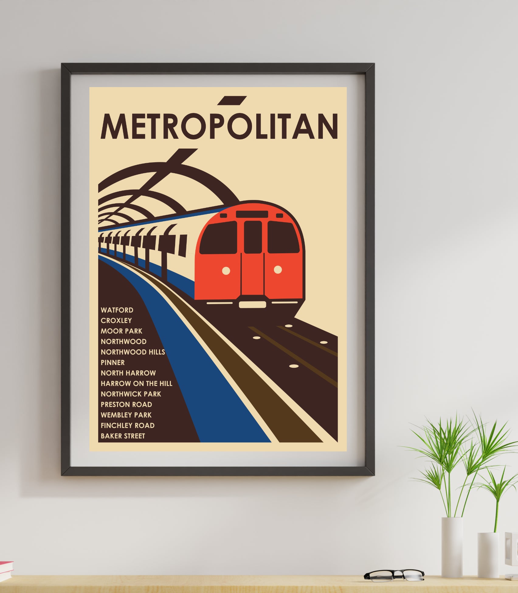 London underground retro train poster, metropolitan line vinatge art with a picture of a train on a train track