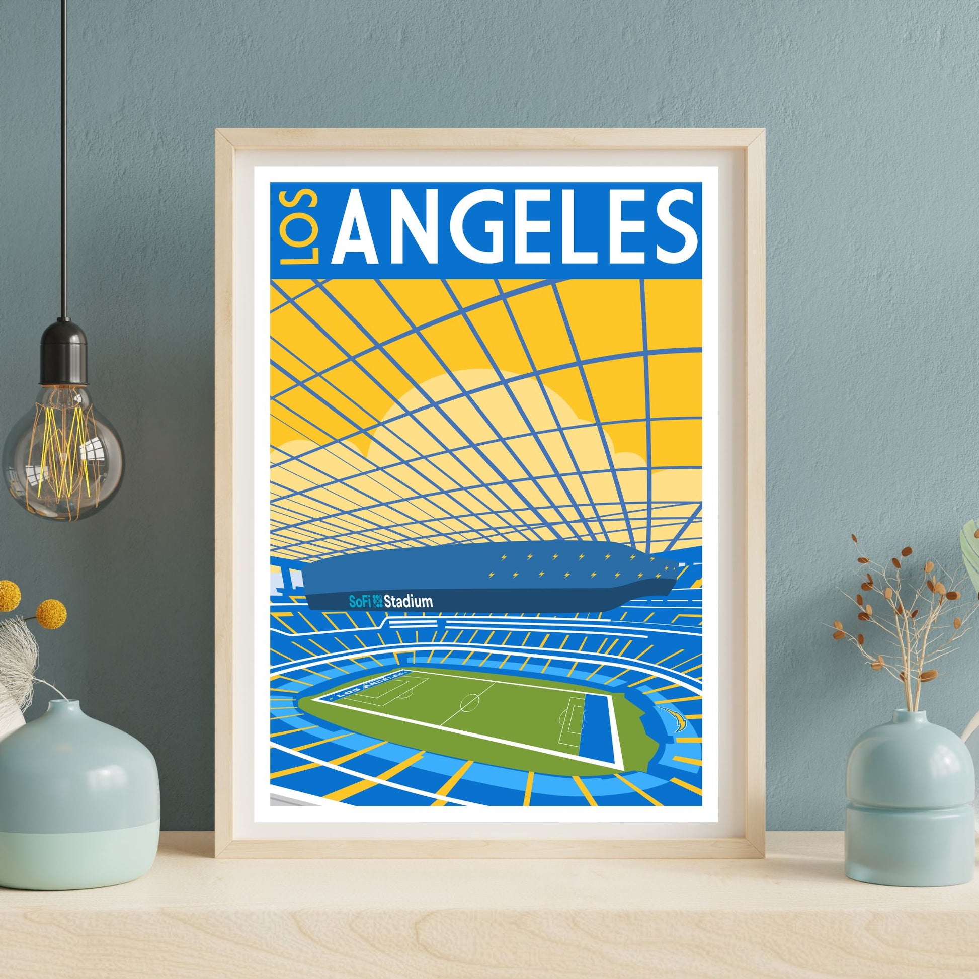 A framed poster of a stadium with a yellow and blue color scheme, featuring a tennis court and a large stadium in the background.