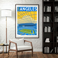a framed poster of a stadium with a tennis court, hanging on a wall in a room with a white chair and a bookshelf.
