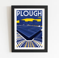 The image is a framed poster depicting a sports stadium, specifically Plough Lane, with a large field and seating area.