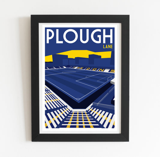The image is a framed poster depicting a sports stadium, specifically Plough Lane, with a large field and seating area.