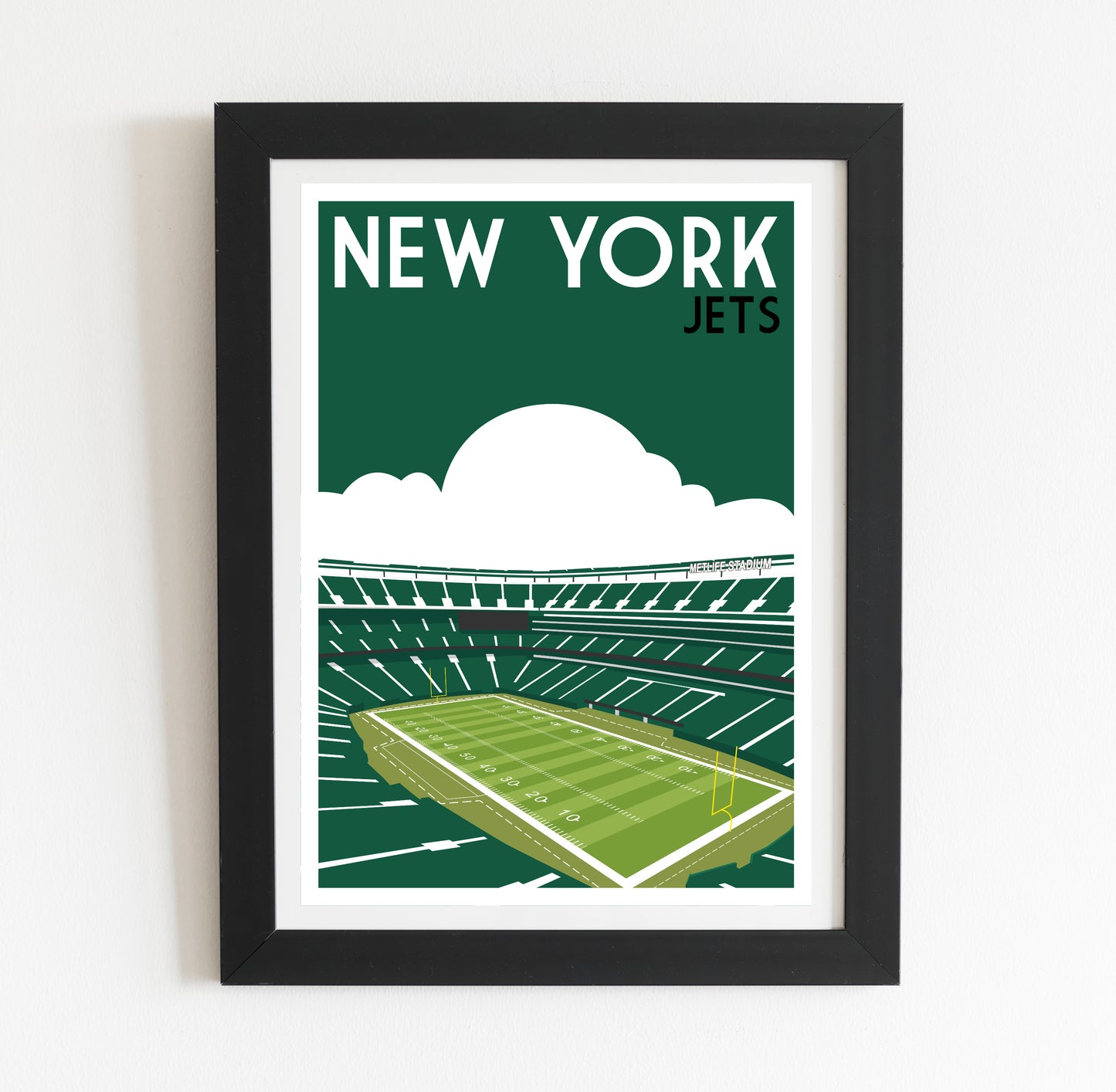 A framed illustration of a football stadium with the text "NEW YORK JETS" above it.